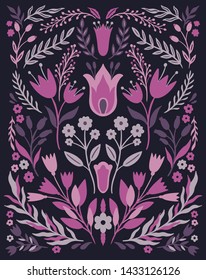 Ethno folk decorative floral ornament. Symmetry specular composition. Drawing abstract ornament.Vector illustration