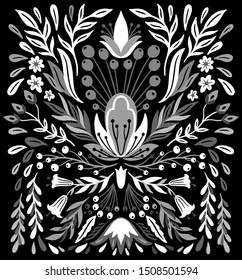 Ethno folk monochrome decorative floral ornament. Symmetry specular composition. Drawing abstract ornament.Vector illustration