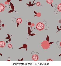 Ethno motifs seamless pattern. Pink stylized flowers on a gray background.
