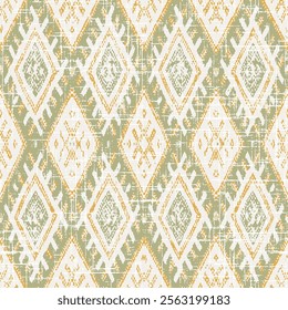 Ethno seamless pattern. Ethnic boho ornament. Tribal art print, repeatable pattern on olive green background.