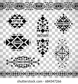 Ethno shop labels or tribal store emblems vector set isolated on transparent background
