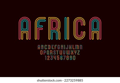 Letra etno rayada, alfabeto de estilo lineal, letras latinas mayúsculas de A a Z y números árabes de 0 a 9 hechos en africano, ilustración vectorial 10EPS