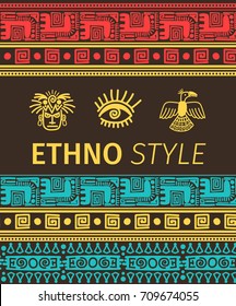 Ethno style vector banner with tribal boders and symbols