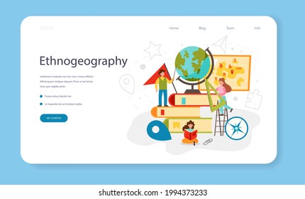 Ethnogeography class web banner or landing page. Studying geographical distribution of races or people. Population and environment research. Flat vector illustration