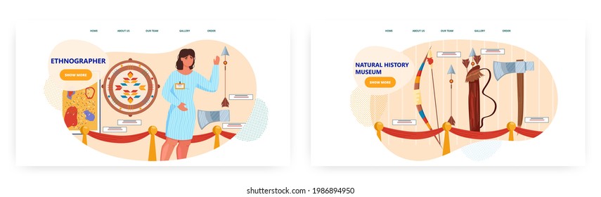 Ethnographer Landing Page Design, Website Banner Vector Template Set. Natural History Museum Exposition. Guide Tour.