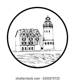 Ethnographic and trade center, embankment of the Fishing Village, Kaliningrad Russia, hand drawn vector ink sketch illustration isolated on white background, vintage engraved for touristic postcard