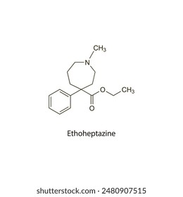 Ethoheptazine flat skeletal molecular structure Opioid analgesic drug used in Pain treatment. Vector illustration scientific diagram.