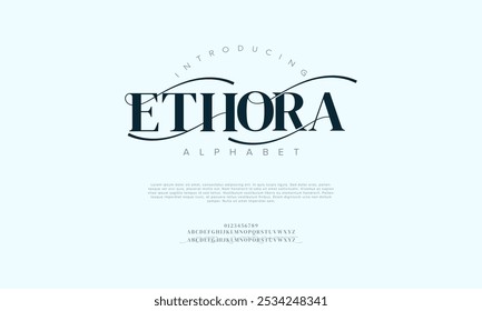 Ethora typography beauty fashion elegant minimalist serif italic fonts decorative wedding vintage retro logos. Minimal luxury font alphabet logo. Vector illustration