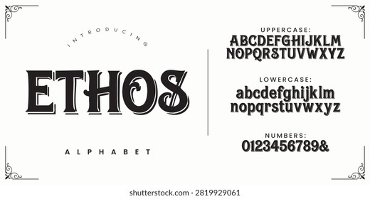 ETHOS bold decorative serif alphabet display vector template for corporate identity and magazine covers