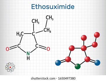 Ethosuximide, C7H11NO2 molecule. It is succinimide based anticonvulsant, useful in the treatment of absence seizures. Sheet of paper in a cage.Vector illustration