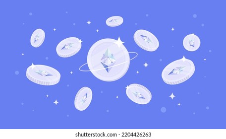 ETHPoW (ETHW) coins falling from the sky. ETHW cryptocurrency concept banner background.
