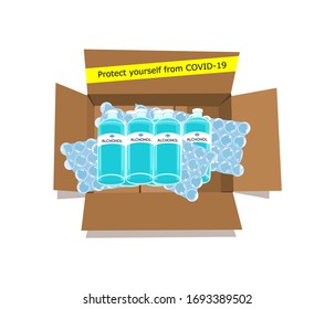 
Ethyl alcohol with air bubble wrap in a box with a message protect yourself from COVID-19 to deliver. Coronavirus prevention equipment.-Vector
