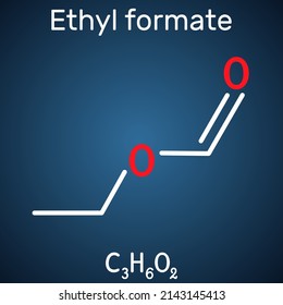 Ethyl formate, ethylformate,  ethyl methanoate, formic ether molecule. Structural chemical formula on the dark blue background. Vector illustration