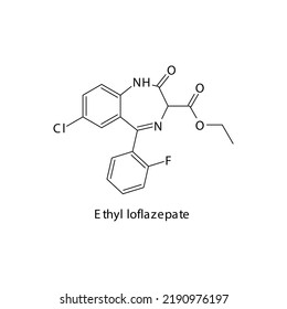 Ethyl loflazepate Molekül flache skelettale Struktur, Benzodiazepin Klasse Arzneimittel, das als Sedative, hypnotische Substanz verwendet wird. Vektorgrafik auf weißem Hintergrund.