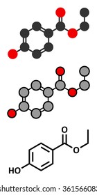 Ethyl paraben (ethyl para-hydroxybenzoate) preservative molecule. Stylized 2D renderings and conventional skeletal formula. 