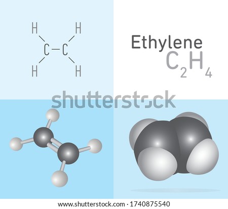 Ethylene (C2H4) gas molecule. Two 
different molecule model and chemical formula. Ball, stick and Space filling model. Structural Chemical Formula and Molecule Model. Chemistry Education