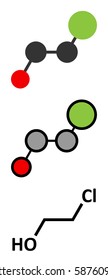 Ethylene chlorohydrin molecule. Side product formed during ethylene oxide sterilization. Conventional skeletal formula and stylized representations.
