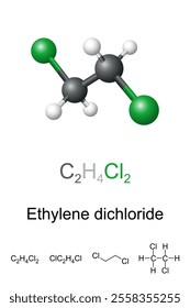 Ethylene dichloride, EDC, molecule model and chemical formula. Ball-and-stick model of 1,2-dichloroethane, a chemical compound and chlorinated hydrocarbon. Mainly used in vinyl chloride production.