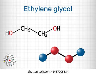 Ethylene glycol, diol molecule. It is used for manufacture of polyester fibers and for antifreeze formulations. Structural chemical formula. Sheet of paper in a cage. Vector illustration

