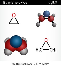 Ethylene oxide, oxirane C2H4O molecule. Structural chemical formula and molecule model. Vector illustration