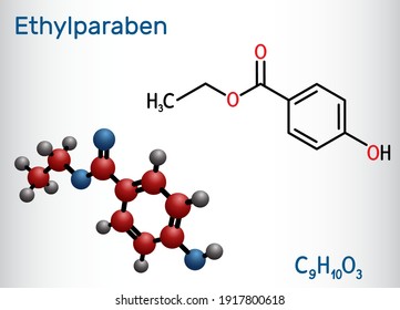 Ethylparaben, ethyl paraben, ethyl para-hydroxybenzoate molecule. It is ethyl ester, paraben, phytoestrogen, antifungal preservative, E214. Vector illustration