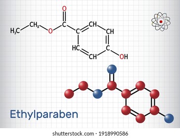 Ethylparaben, ethyl paraben, ethyl para-hydroxybenzoate molecule. It is ethyl ester, paraben, phytoestrogen, antifungal preservative, E214. Sheet of paper in a cage. Vector illustration