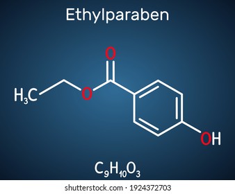 Ethylparaben, ethyl paraben, ethyl para-hydroxybenzoate molecule. It is ethyl ester, paraben, phytoestrogen, antifungal preservative, E214. Dark blue background. Vector illustration