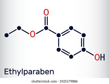 Ethylparaben, ethyl paraben, ethyl para-hydroxybenzoate molecule. It is ethyl ester, paraben, phytoestrogen, antifungal preservative, E214. Skeletal chemical formula. Vector illustration