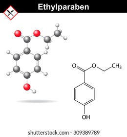 Ethylparaben - food and cosmetic preservative of paraben family, molecular formula and model, 2d & 3d vector isolated on white background, eps 8