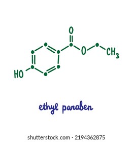Ethylparaben hand drawn vector formula chemical structure lettering blue green compound