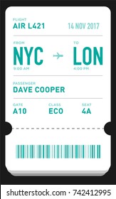 E-Ticket or Boarding Pass Card Template with Bar Code. Flight Ticket Pass Design. EPS 10