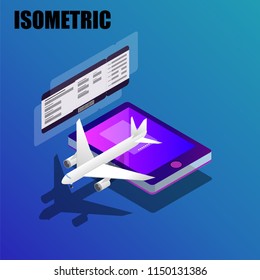 E-Ticket booking concept with isometric illustration of smartphone and airplane.