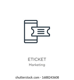 Eticket Symbol. Dünne lineare Eticket-Umrisssymbol einzeln auf weißem Hintergrund aus der Marketing-Kollektion. Vektorillustration der Linie, Symbol für Web und Mobilfunk