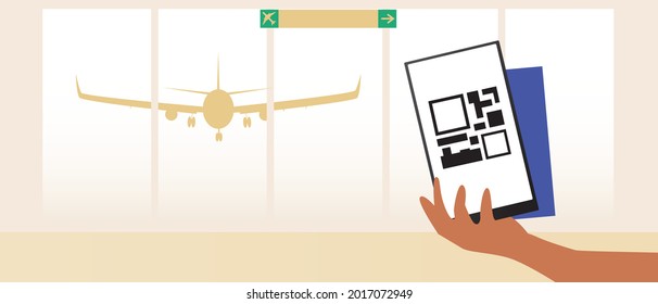 E-ticket for landing at the airport, copy space template. Flat vector stock illustration. Overlay template. QR code after vaccination. Vaccinated passenger hand. Vector graphics