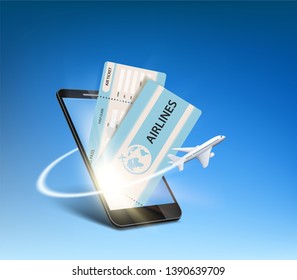 E-ticket on the smartphone screen. Plane flies around the device. Vector illustration.