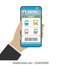 E-Ticket für die Fahrt mit U-Bahn, Bus und Bus. Die Hand hält modernes Smartphone mit Transportanwendung. Digitaler Pass mit Barcode für den öffentlichen Verkehr. Technologie für Stadtreisen. Vektorgrafik