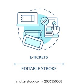E-tickets blue concept icon. Ordering public transport tickets online. Passenger electronic document abstract idea thin line illustration. Vector isolated outline color drawing. Editable stroke