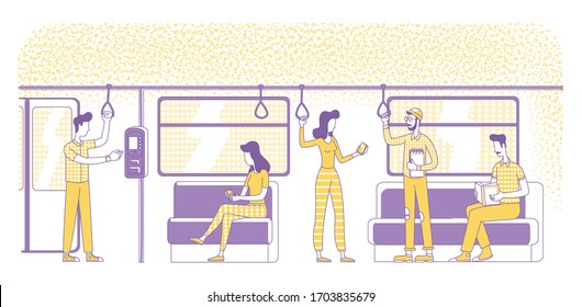 E-tickets buying flat silhouette vector illustration. People in suburban electric train outline characters on white background. NFC tech, electronic cashless payment service simple style drawing