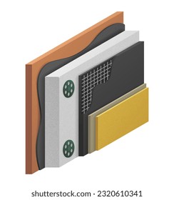 ETICS - External Thermal Insulation Composite System - vector illustration in 3D cake view, to show all layers