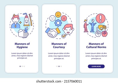 Etiquette categories onboarding mobile app screen. Set of rules walkthrough 3 steps graphic instructions pages with linear concepts. UI, UX, GUI template. Myriad Pro-Bold, Regular fonts used