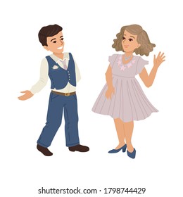 Etiquette for children. Greeting and invitation. A boy and a girl say hello, classic clothes, a decent look. Vector illustration of characters on a white background.