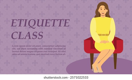 Etiquette class landscape template. Lady sitting with manner illustration with purple fleur de Lis background.