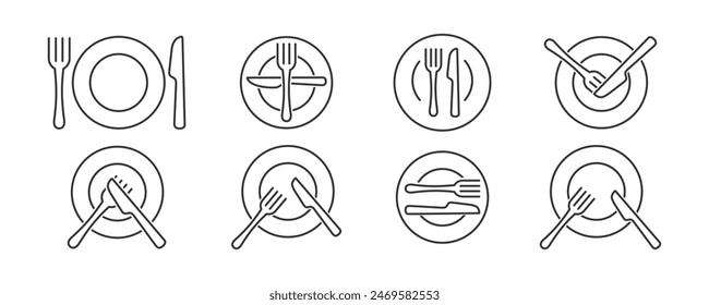 Etiqueta del juego de cubiertos. Plato, tenedor, cuchillo y cuchara. Reglas de Comer. Vector.