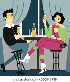 etiquette restaurant.gallant man in panic.Chinese girl with dark hair in pink vulgar suit.Couple having dinner by candlelight. Man and woman sitting at the table. Vector illustration in flat style