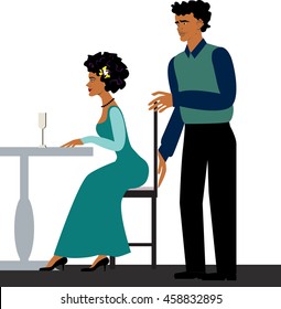 etiquette restaurant.take care of a woman.the chair to move up.gallant man courting a woman.dark skin