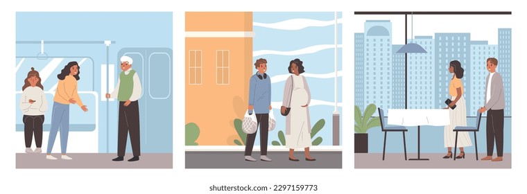 Etiquette rules set with three square compositions of elderly and young people loving couple public places vector illustration