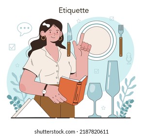 Etiquette School Class. Students Training Good Manners. Behaving Kids. Children Learning Table Table Etiquette And Communication Rules. Flat Vector Illustration