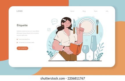 Etiquette School Class Web Banner Or Landing Page. Students Training Good Manners. Behaving Kids. Children Learning Table Table Etiquette And Communication Rules. Flat Vector Illustration