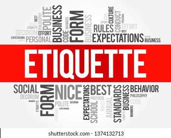 Etiquette is the set of conventional rules of personal behaviour in polite society, word cloud concept background