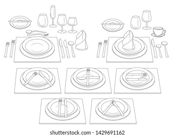 Etiquette at the table. Rules of conduct with cutlery. Control knife and fork. Official and informal table appointments. Illustration. Vector.